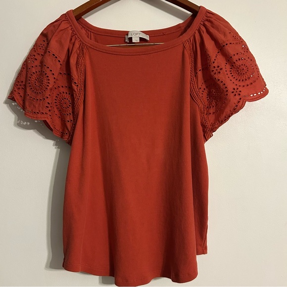 LOFT Women's Short Sleeve Blouse with Eyelet Sleeves Terracotta Copper Orange - Picture 3 of 5